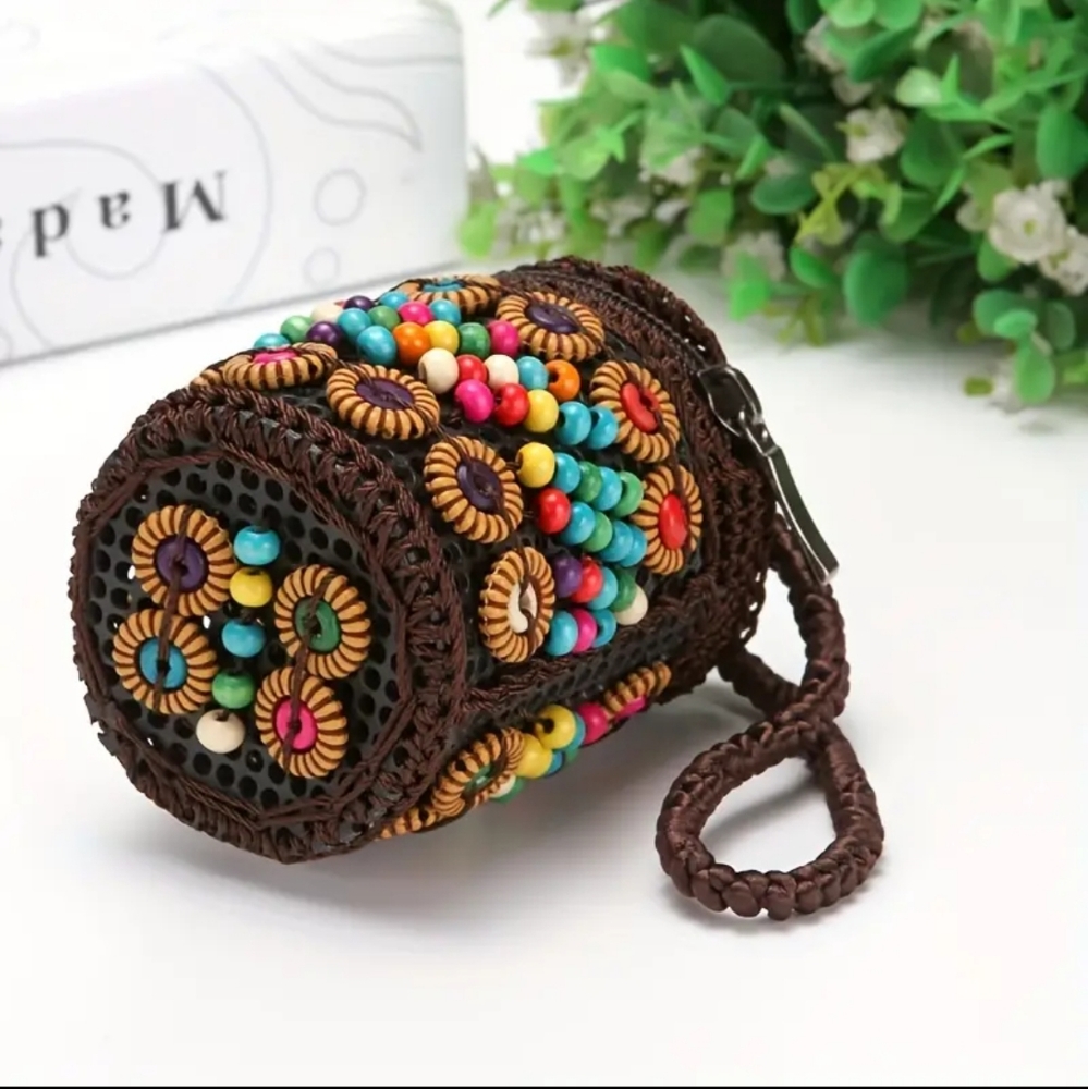 Bohemian Beaded Purse Crochet cylinder Mini coin purse